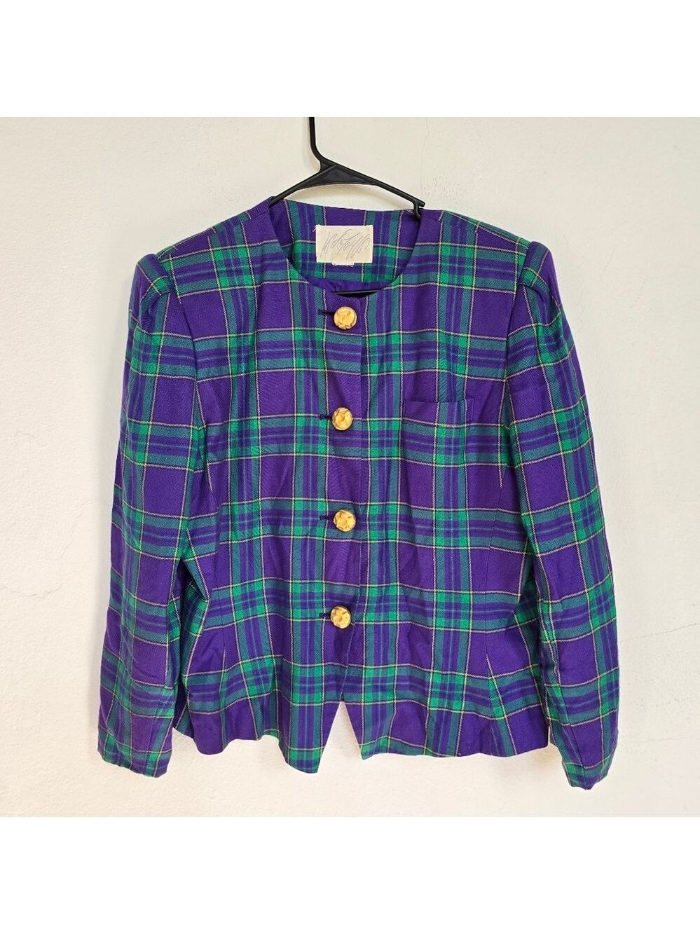 Lord & Taylor Purple Green Plaid Vintage Blazer Chunky Gold Buttons - Picture 2 of 14